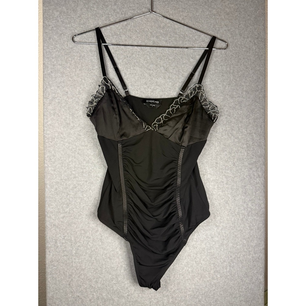 Bebe Womens Black Ruched Bodysuit Metallic Silver Lace Trim Adjustable Straps S